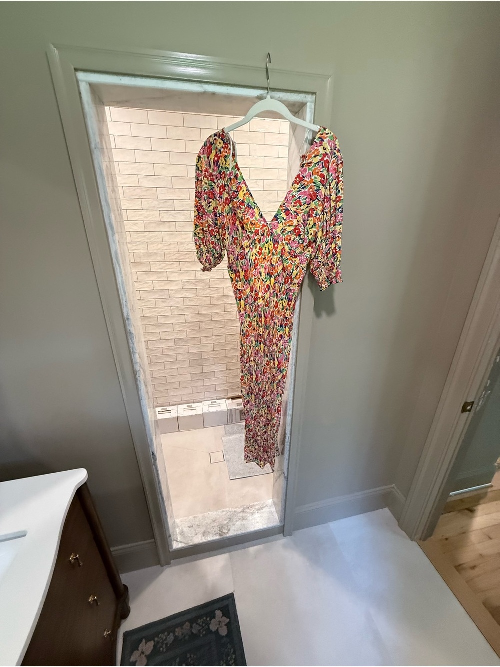 RIXO Floral V-Neck Midi Dress in Yellow, Red & Pink